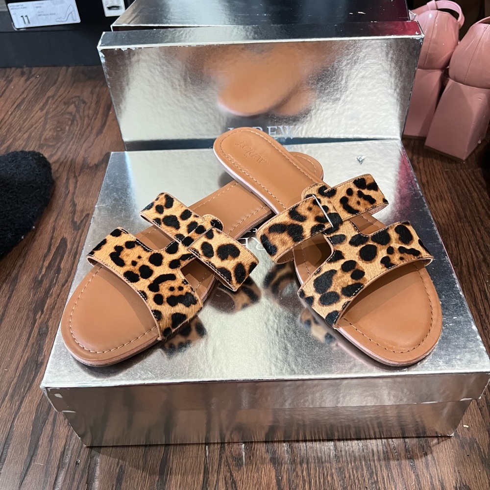 J.Crew Leopard Calf Hair Slide Sandals Size 12 Beachside Animal Print - Picture 3 of 5
